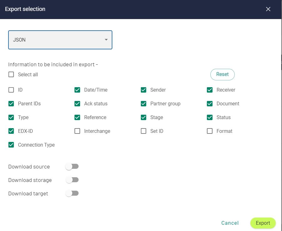The Export selection window